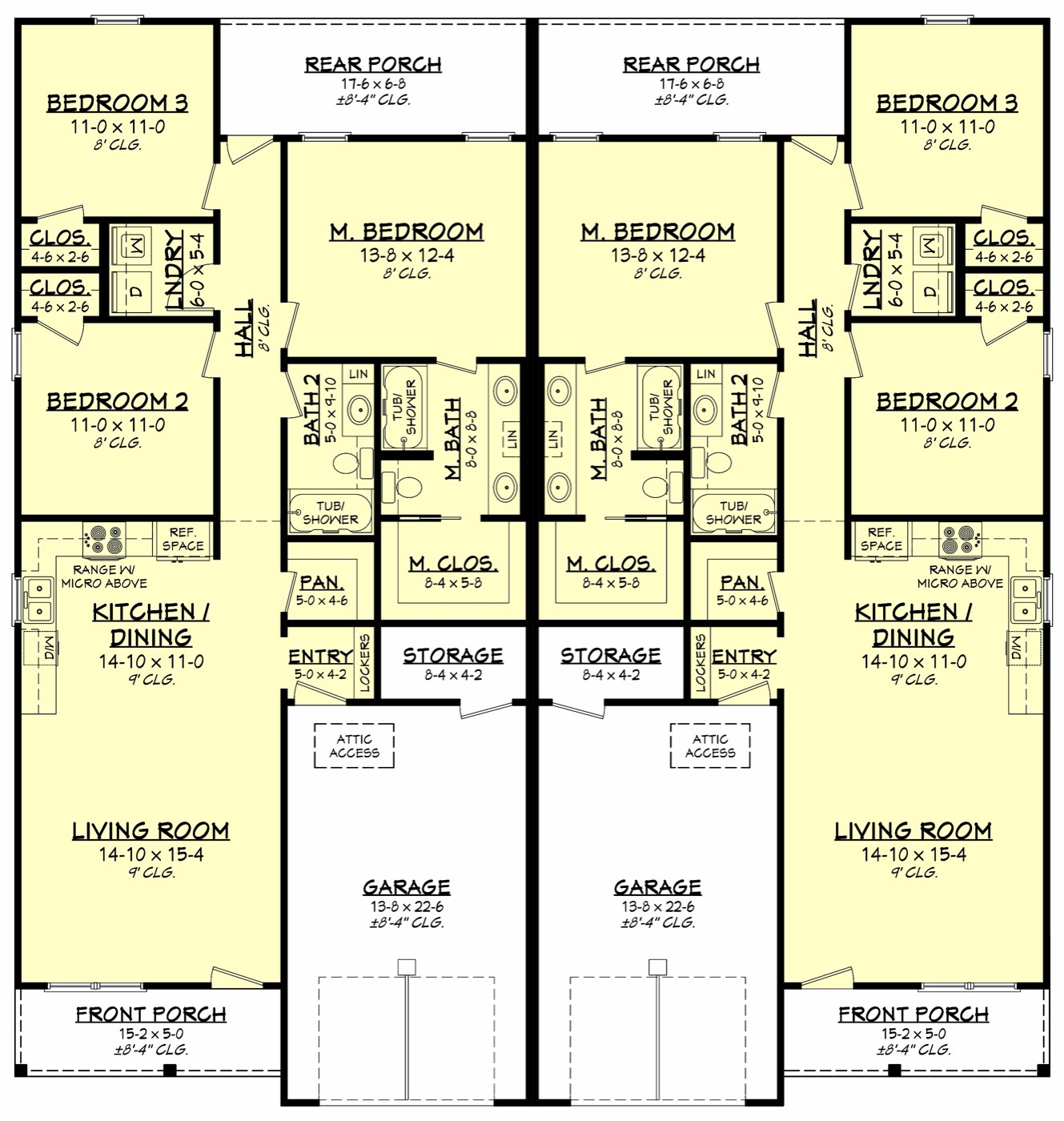 Front elevation and floor plan of a Reed Complex duplex